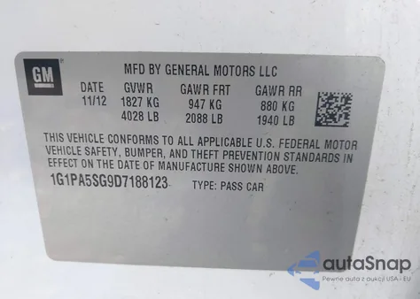 2013 Chevrolet Cruze Ls Auto z USA, uszkodzony, nr VIN 1G1PA5SG9D7188123